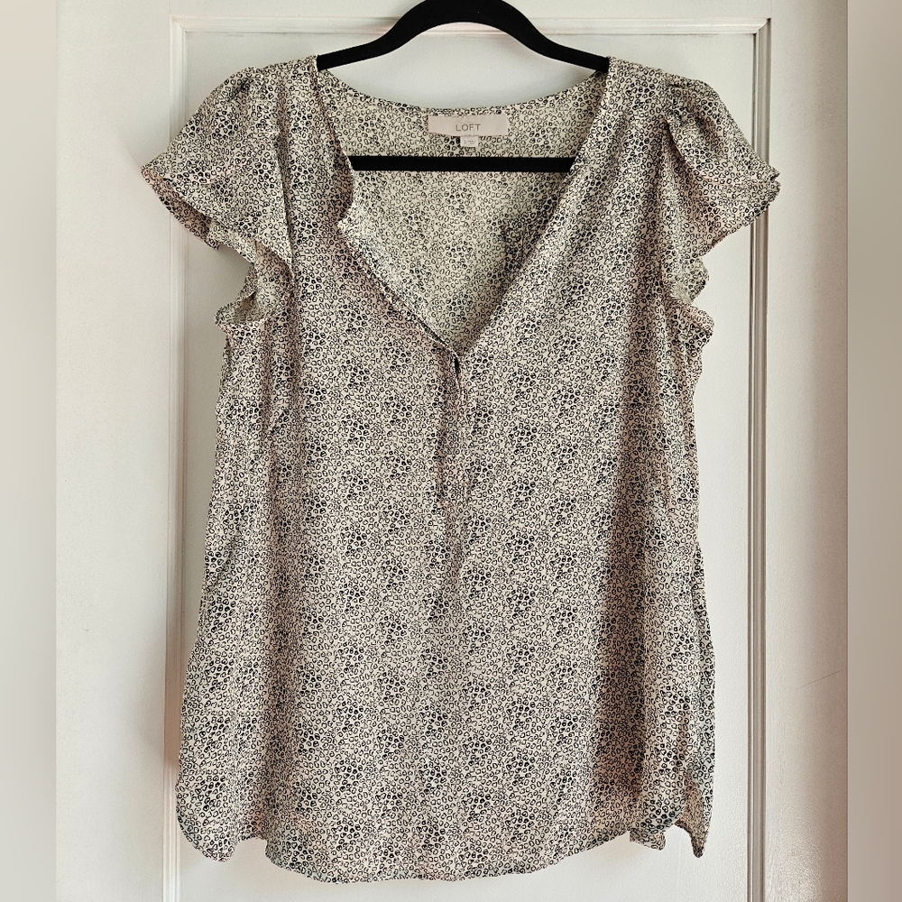 LOFT Flutter Sleeve Blouse, Animal Print Top, Size S